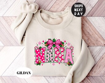 Custom Christmas Nana Sweatshirt, Pink Christmas Family Matching Hoodie, Xmas Bow Santa Pullover