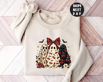Coquette Bow Halloween Ghost Sweatshirt, Cherry Spooky Season Hoodie, Floral Skull Sweat