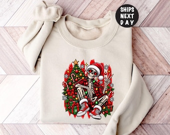 Christmas Skeleton Sweatshirt, Gothic Santa Hoodie, Spooky Holiday Pullover, Xmas Tree Crewneck