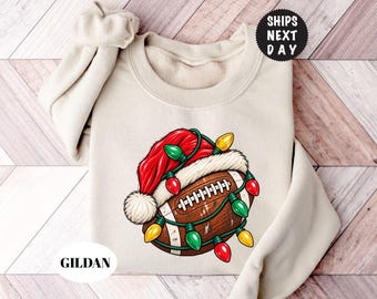 Christmas Football Sweatshirt, Xmas Sports Ball Hoodie, Funny Santa Hat Pullover