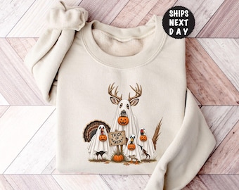 Halloween Ghost Turkey Sweatshirt, Trick Or Treat Hoodie, Thanksgiving Animals Pullover, Spooky Season Top