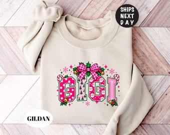 Custom Christmas Gigi Sweatshirt, Pink Christmas Family Matching Hoodie, Coquette Bow Xmas Santa Crewneck