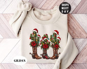 Christmas Cowgirl Boots Sweatshirt, Western Xmas Cactus Hoodie, Festive Desert Crewneck