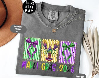 Comfort Colors Preppy Mardi Gras 2026 Shirt, Crawfish And Coquette Bow Carnival Tshirt, Fleur De Lis Tee