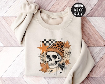 Leopard Halloween Skull Sweatshirt, Checkered Gothic Hoodie, Vintage Fall Leaves Pullover