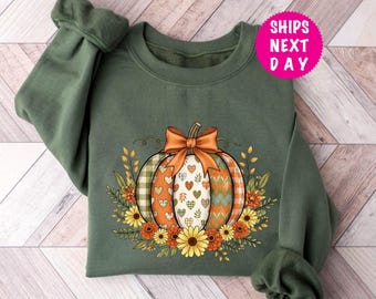 Sweater met bloemenpompoen, boho-pompoenherfsttrui, herfsthoodie, Thanksgiving-shirt