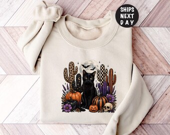 Halloween Black Cat Sweatshirt, Desert Moon Artwork, Western Autumn Pumpkin Hoodie