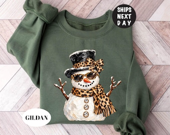 Glam Snowman Sweatshirt, Leopard Christmas Bow Hoodie, Preppy Snowman Pullover, Boujee Xmas Crewneck