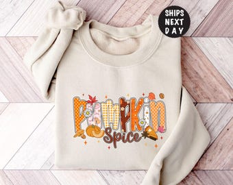 Pumpkin Spice Sweatshirt, Trendy Fall Season Hoodie, Gingham Autumn Leaves Crewneck