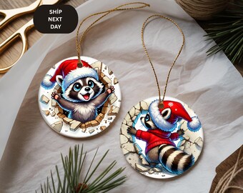 Raccoon Christmas Ornament, Double Sided Santa Raccoon Decoration, Xmas Animal Gift