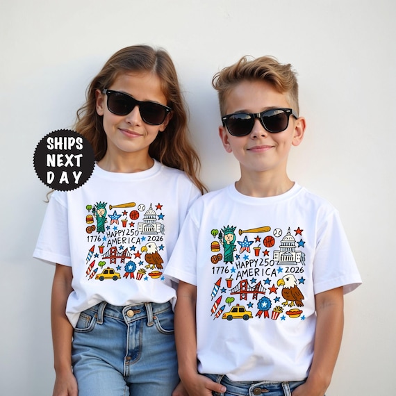 Happy 250 America Shirt, Kids Doodle Patriotic USA Tshirt, 1776-2026 USA 250th Anniversary Tee