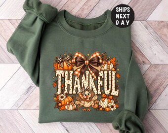 Coquette Bow Thankful Turkey Sweatshirt, Polka Dots Thanksgiving Hoodie, Leopard Pumpkin Season Pullover