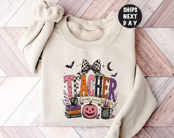 Coquette Bow Teacher Spooky Season Sweatshirt, Halloween Pink Pumpkin Hoodie, Fall Educator Apparel