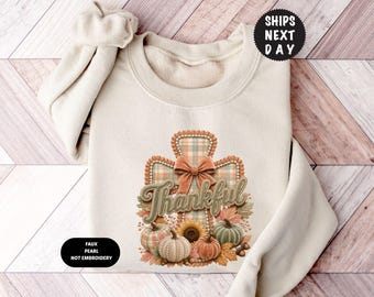 Coquette Bow Thankful Cross Sweatshirt, Faux Pearl Pumpkin Patch Hoodie, Religious Thanksgiving Apparel