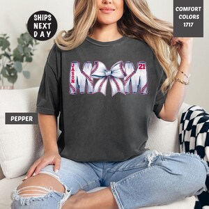 Comfort Colors® Custom Baseball Mom Shirt , Baseball Mom Shirt With Name, Coquette Baseball Bow Shirt, Baseball Mom Gift, Number Game Day