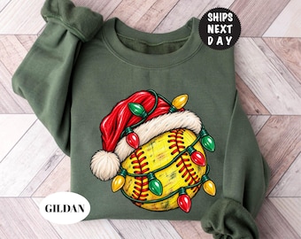Christmas Softball Sweatshirt, Xmas Sports Ball Hoodie, Funny Santa Hat Pullover