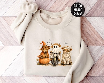 Halloween Highland Cow Sweatshirt, Spooky Western Mummy Hoodie, Witch Ghost Graphic