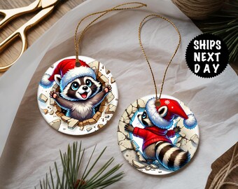 Raccoon Christmas Ornament, Double Sided Santa Raccoon Decoration, Xmas Animal Gift