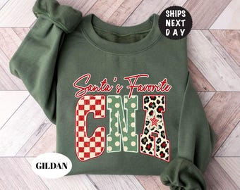 Custom  Santa's Favorite CNA Sweatshirt, Polka Dot Christmas Nurse Hoodie, Leopard Xmas Holiday Crewneck