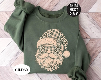 Christmas Santa Sweatshirt, Retro Holiday Hoodie, Leopard Santa Pullover, Distressed Xmas Crewneck