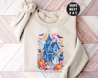 Haunted House Sweatshirt, Brushstroke Halloween Sweat, Spooky Season Hoodie