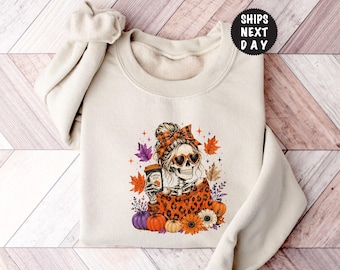 Halloween  Skeleton Pumpkin Spice Sweatshirt, Coffee Lover Skull Hoodie, Floral Fall Fashion Wear