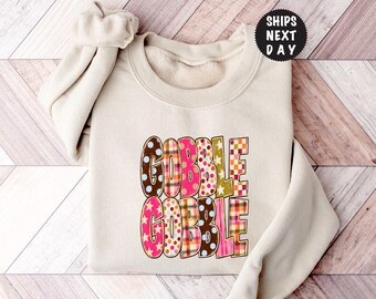 Gobble Gobble Sweatshirt, Retro Thanksgiving Hoodie, Colorful Thankful Crewneck