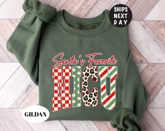 Custom Santa's Favorite NICU Sweatshirt, Leopard Christmas Nurse Hoodie, Retro Xmas Holiday Crewneck