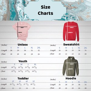 Op de afbeelding: Maattabel voor unisex, jeugd, peuter, sweatshirt en hoodie kleding. De tabel toont de maten in inches voor borst en lengte voor verschillende maten, waaronder S, M, L, XL, 2XL, 2T, 3T, 4T en 5T.