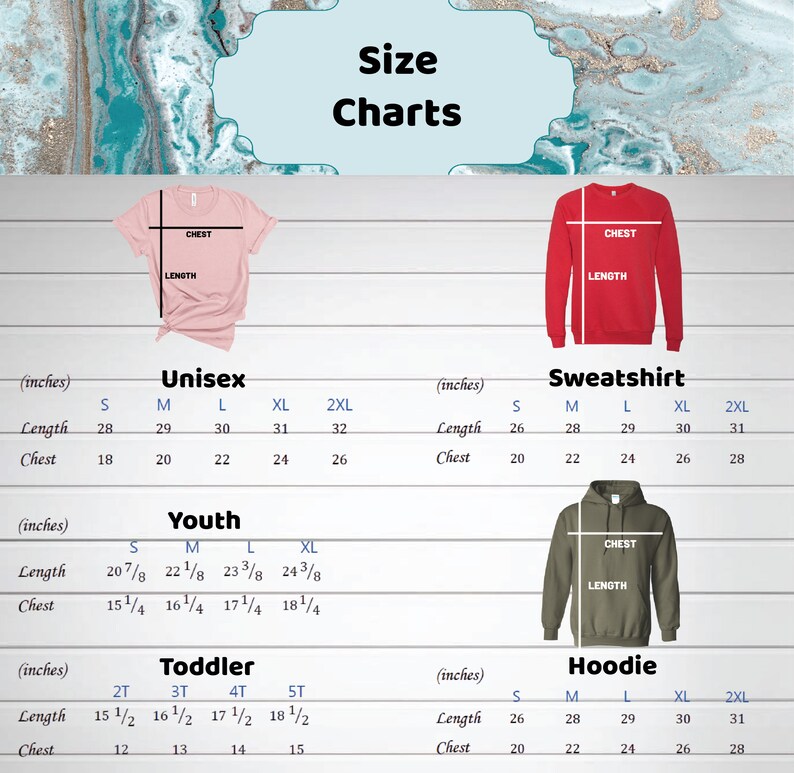 Op de afbeelding: Maattabel voor unisex, jeugd, peuter, sweatshirt en hoodie kleding. De tabel toont de maten in inches voor borst en lengte voor verschillende maten, waaronder S, M, L, XL, 2XL, 2T, 3T, 4T en 5T.