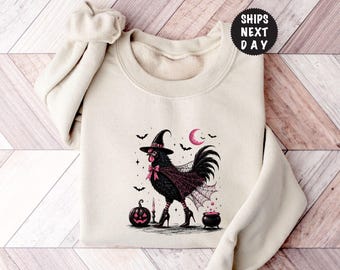 Spooky Witch Rooster Sweatshirt, Halloween Chicken Hoodie, Gothic Farmhouse Apparel