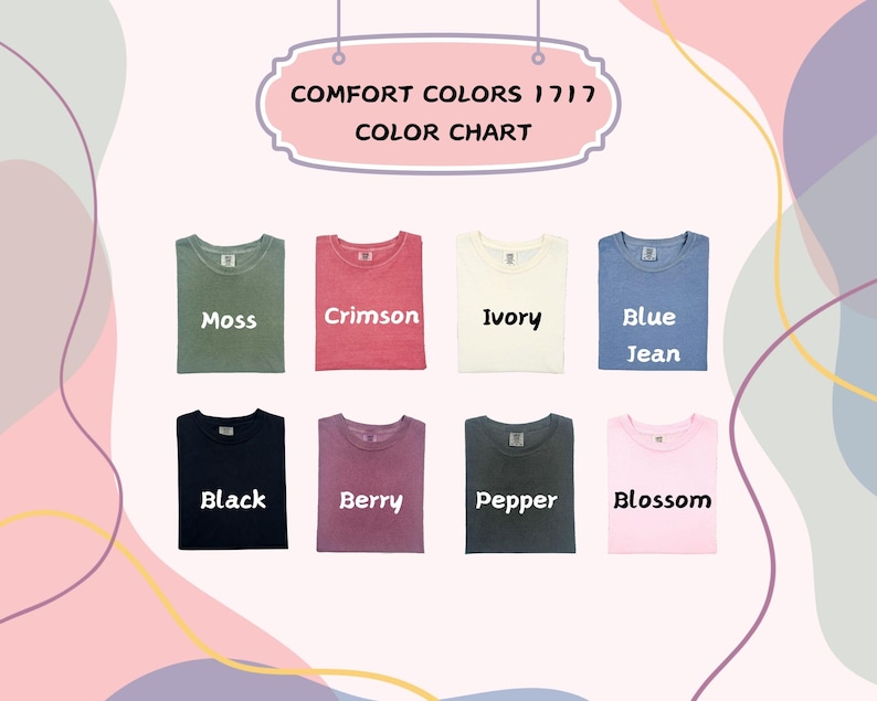 Op de afbeelding: Een kleurenkaart met acht t-shirtkleuren: Moss, Crimson, Ivory, Blue Jean, Black, Berry, Pepper en Blossom. De tekst "Comfort Colors 1717 Color Chart" staat bovenaan in een roze banner.