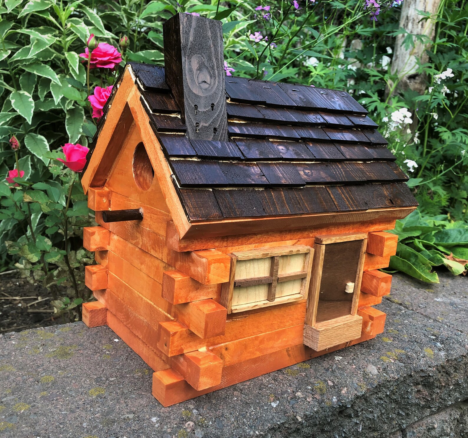 Rustic Log Cabin Bird House Handcrafted Solid Wood Bird Etsy