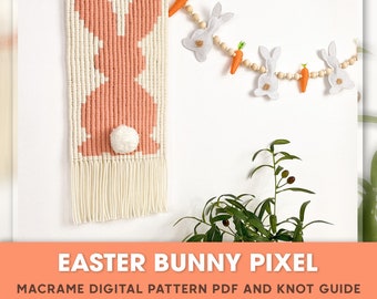 Tutorial en PDF con patrón de macramé: Descarga digital: Conejito de Pascua Pixel: Decoración de pared DIY