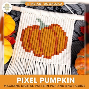 May include: A digital pattern for a macrame pumpkin wall hanging. The pattern is in the form of a pixelated pumpkin with orange, brown, and white yarn. The text "PIXEL PUMPKIN" is at the bottom of the image.