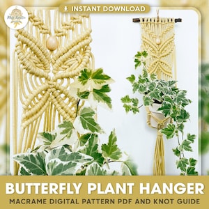 May include: A macrame butterfly plant hanger with a wooden dowel and a beige tassel. The hanger is made with natural colored cord and features a wooden bead. The hanger is shown with a potted plant.