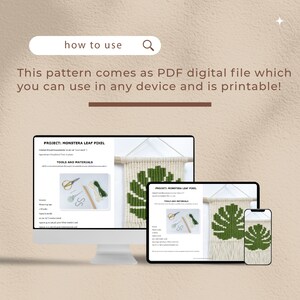 K&ouml;nnte beinhalten: Ein digitales PDF-Muster f&uuml;r eine Monstera Leaf Pixel Wandbeh&auml;nge. Das Muster enth&auml;lt Anweisungen und eine Liste der Werkzeuge und Materialien, die f&uuml;r das Projekt ben&ouml;tigt werden. Das Bild zeigt einen Computerbildschirm, ein Tablet und ein Telefon, auf denen das Muster angezeigt wird.