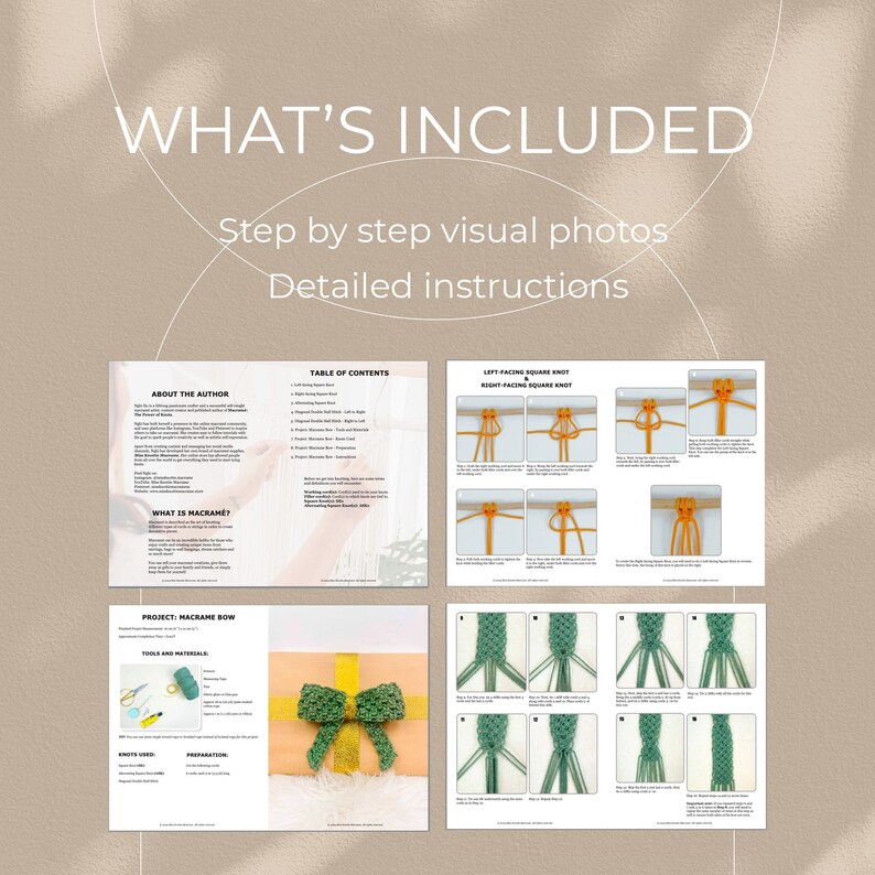 K&ouml;nnte beinhalten: Ein digitaler Download einer Makramee-Schleifen-Anleitung mit Schritt-f&uuml;r-Schritt-Anleitungen und Fotos. Die Anleitung enth&auml;lt ein Inhaltsverzeichnis, Informationen &uuml;ber den Autor und Anweisungen zur Herstellung einer Makramee-Schleife.