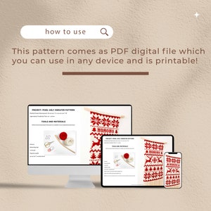 May include: A digital pattern for a pixel ugly sweater, displayed on a computer, tablet, and phone. The pattern features a red and white pixelated design with the text "HOHOHO" and a reindeer. The pattern is available as a PDF digital file.
