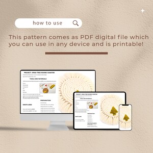 May include: A digital download pattern for a Christmas tree round coaster. The pattern includes instructions for tools and materials, preparation, and knots used. The pattern is shown on a computer screen, tablet, and phone.