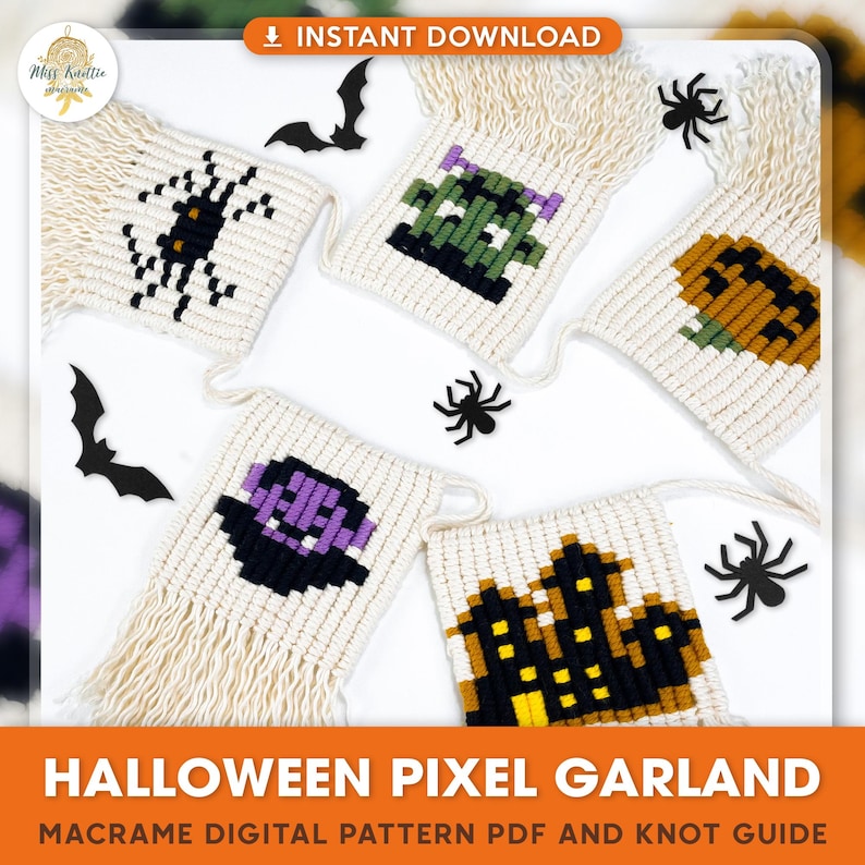 May include: A digital download pattern for a Halloween pixel garland. The pattern includes five different designs: a spider, a ghost, a pumpkin, a haunted house, and a vampire. The pattern is for macrame and includes a knot guide.