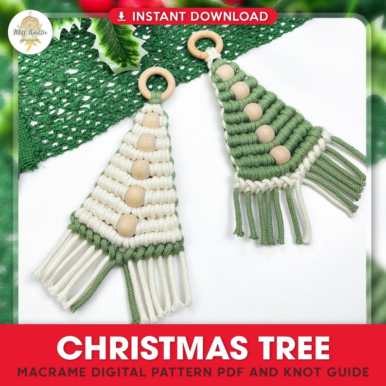 May include: Two macrame Christmas tree ornaments with wooden beads and fringe. The ornaments are white and green and are hanging from wooden rings. The text "INSTANT DOWNLOAD" is at the top of the image. The text "CHRISTMAS TREE" is at the bottom of the image. The text "MACRAME DIGITAL PATTERN PDF AND KNOT GUIDE" is below the text "CHRISTMAS TREE".