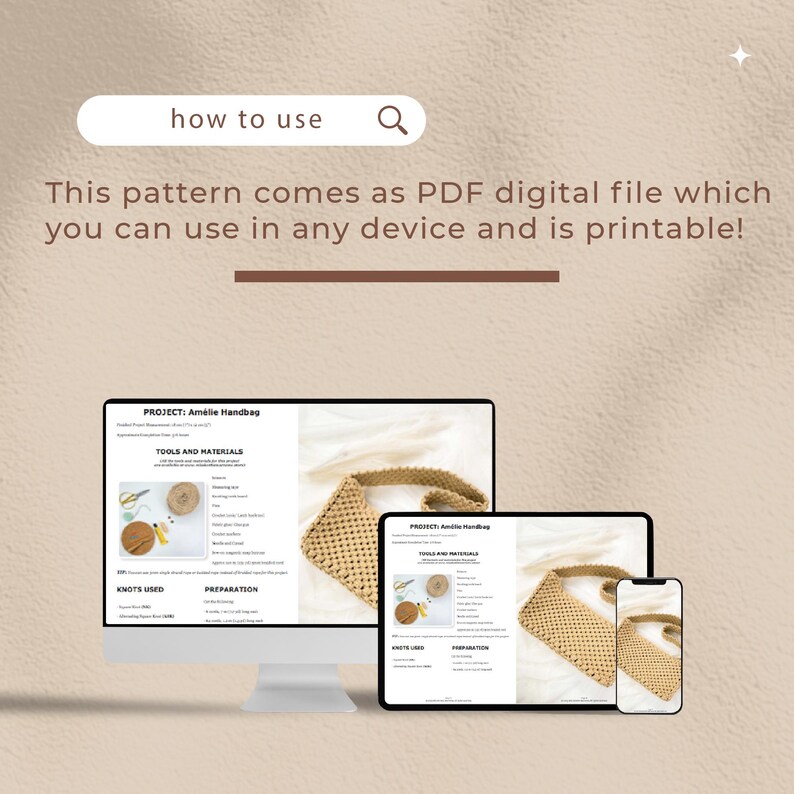 以下が含まれることがあります： かぎ針編みハンドバッグのパターンのデジタルダウンロード。パターンはPDFファイルとして入手でき、あらゆるデバイスで使用できます。画像は、パターンを表示しているコンピューター画面、タブレット、電話を示しています。