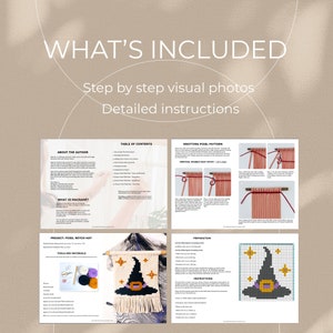 Op de afbeelding: Een digitale download voor een macram&eacute; heksenhoed wanddecoratie project. De instructies omvatten een inhoudsopgave, over de auteur, wat is macram&eacute;, gereedschap en materialen, voorbereiding en instructies. Het project omvat een pixel heksenhoed patroon met een heksenhoed, sterren en een paarse band.