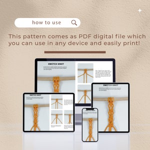 Pu&ograve; includere: Un file digitale che mostra come realizzare un nodo macram&egrave;. Il file &egrave; visualizzato su un laptop, un tablet e un telefono. Il nodo &egrave; realizzato con un cordoncino giallo e si chiama "Nodo di commutazione".
