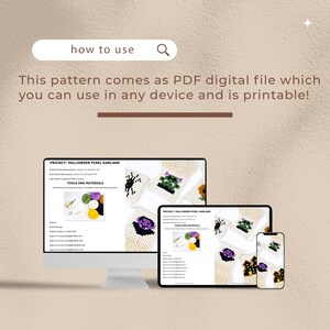 May include: A digital download for a Halloween pixel garland craft project. The image shows a computer screen, tablet, and phone displaying the PDF pattern. The pattern includes instructions and materials needed to create a garland with pixelated Halloween characters.