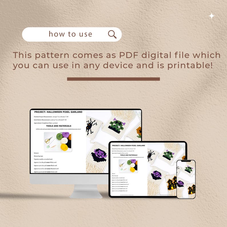 May include: A digital download for a Halloween pixel garland craft project. The image shows a computer screen, tablet, and phone displaying the PDF pattern. The pattern includes instructions and materials needed to create a garland with pixelated Halloween characters.