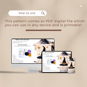 Op de afbeelding: Een digitaal PDF-patroon voor een heksenhoed wanddecoratie. Het patroon bevat instructies en een lijst met benodigde materialen om het project te maken. De afbeelding toont het patroon op een computerscherm, tablet en smartphone.