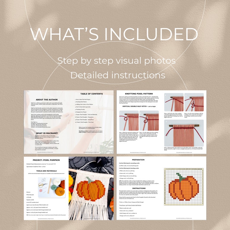 Puede incluir: Una descarga digital para un proyecto de artesan&iacute;a de macram&eacute; de calabaza para colgar en la pared. Las instrucciones incluyen una tabla de contenido, sobre el autor, qu&eacute; es el macram&eacute;, herramientas y materiales, preparaci&oacute;n e instrucciones. La imagen muestra una visualizaci&oacute;n del proyecto terminado, una calabaza con hilo naranja y marr&oacute;n.