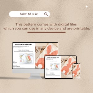 May include: A digital download pattern for an Easter bunny pixel art project. The pattern is shown on a computer screen, tablet, and phone. The pattern includes instructions and a list of tools and materials needed to complete the project.